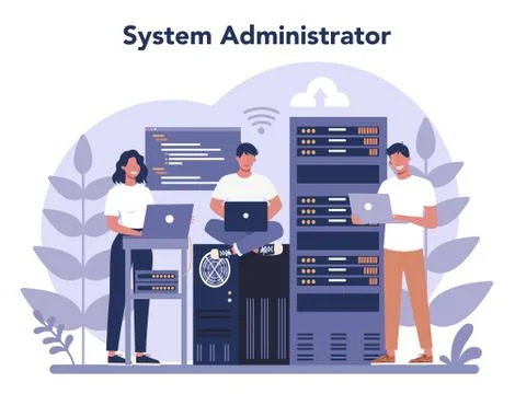 System administrator. People working on computer and doing Illustrazione stock