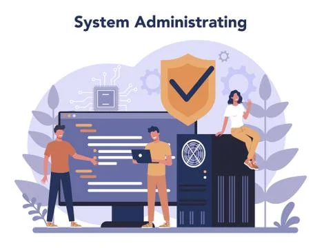 System administrator. People working on computer and doing Illustrazione stock