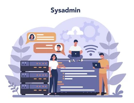 System administrator. People working on computer and doing Illustrazione stock