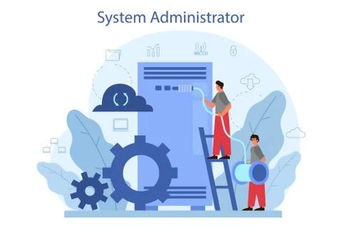 System administrator. People working on computer and doing Illustrazione stock