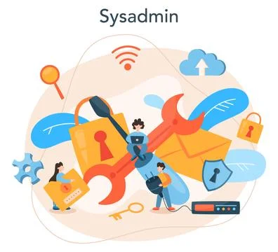 System administrator. People working on computer and doing Illustrazione stock