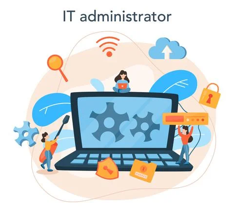 System administrator. People working on computer and doing 库存插图