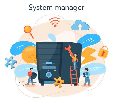 System administrator. People working on computer and doing Illustrazione stock