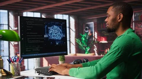 System administrator programming AI brain computerized model Stock Photos