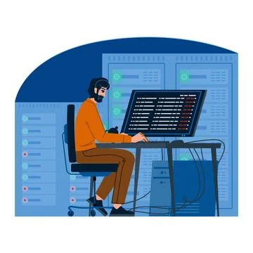 System administrator programming code in a server room Stock Illustration
