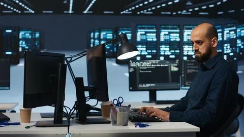 System administrator programming in server farm 库存照片