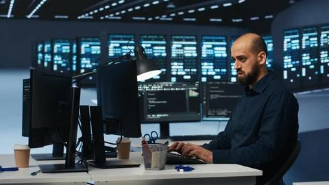 System administrator programming in server farm 库存照片