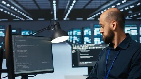 System administrator in server hub coding, protecting data 库存照片