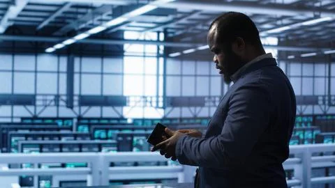 System administrator in server room installing newly ordered storage unit Foto stock