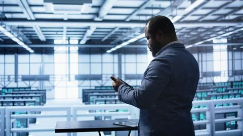 System administrator in server room installing newly ordered storage unit Foto stock