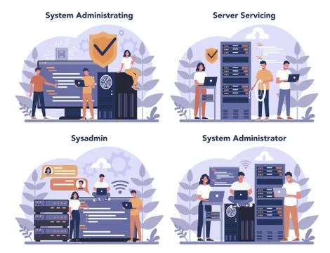 System administrator set. People working on computer and doing Illustrazione stock