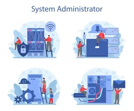 System administrator set. People working on computer and doing Illustrazione stock