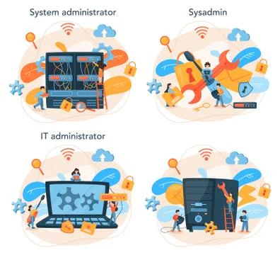 System administrator set. People working on computer and doing Illustrazione stock