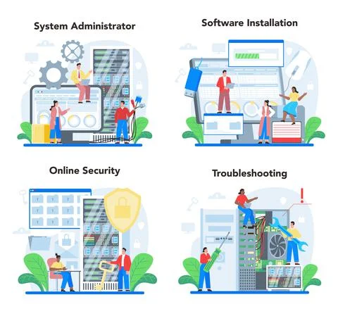 System administrator set. Technical work with server, software installation Stock Illustration