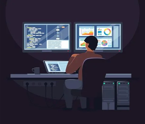 System administrator, software developer working on laptop computer in office Illustrazione stock