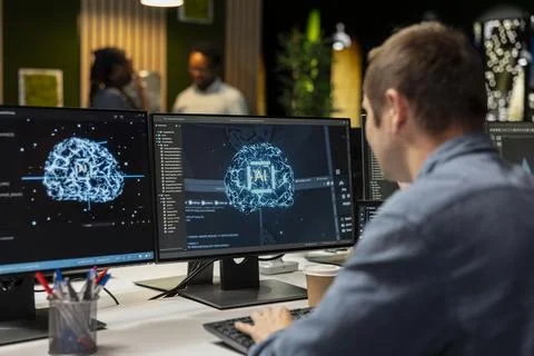 System administrator in tech startup office automating repetitive tasks using AI 库存照片