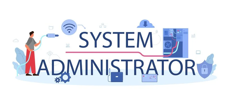 System administrator typographic header. People working on computer 库存插图