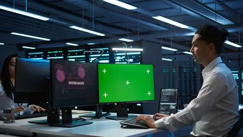 System administrator using AI tech on isolated screen PC in data center Foto stock