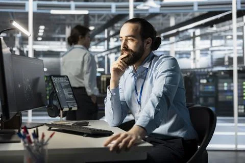 System administrator using computer in data center, running scripts Stock Photos