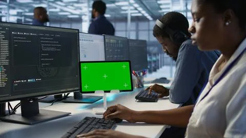 System administrator using isolated screen tablet, working in server farm 写真素材