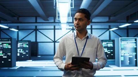 System administrator walking in data center used for managing gear energy 写真素材