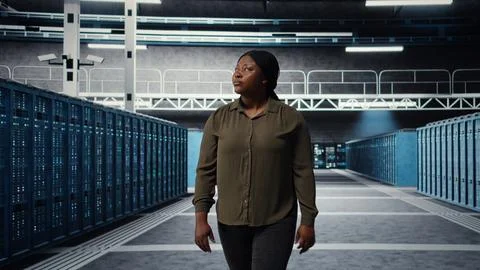 System administrator walking through data center server rows Stockfoto's