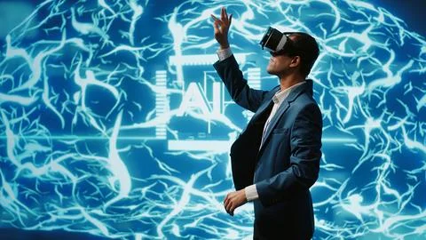 System administrator wearing VR headset looking at hologram Stock Photos