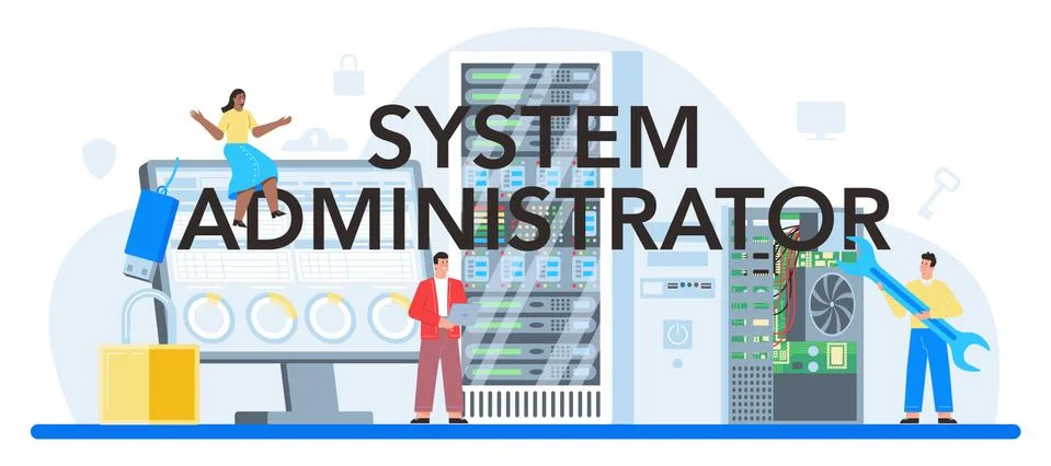 System administrator web banner or landing page set. Technical work with server Stock Illustration