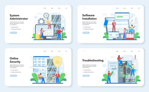 System administrator web banner or landing page set. Technical work with server Stock Illustration