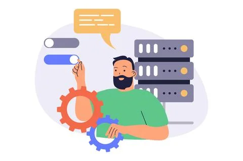 System administrator web concept with flat cartoon people for website desig.. Stock Illustration