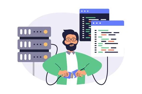 System administrator web concept with flat cartoon people for website desig.. Stock Illustration