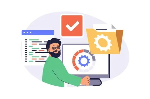 System administrator web concept with flat cartoon people for website desig.. Illustrazione stock