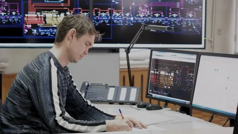 System administrator working on computer control room of electric power station. Stock Footage 114500658