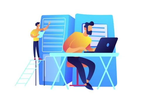 System administrator working on laptop and server racks vector illustration. 스톡 일러스트