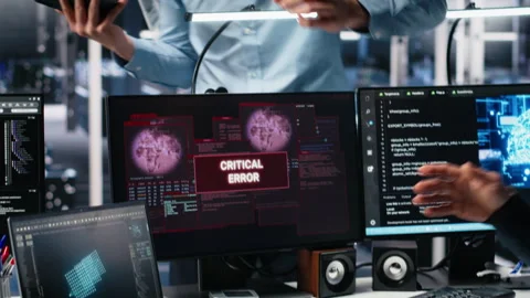 System administrators in data center struggle with computer bugs while using AI Stock Footage 313566985