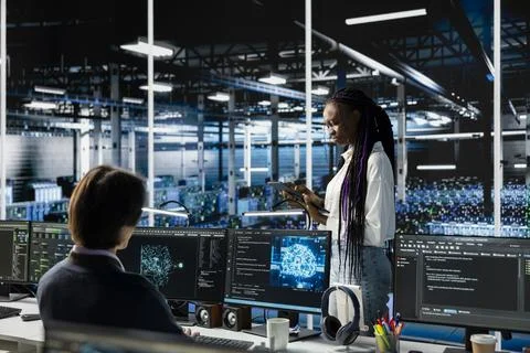 System administrators in data center troubleshoot connectivity issues using AI Stock Photos
