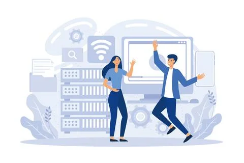 System administrators or sysadmins are servicing server racks. System admin.. イラスト素材