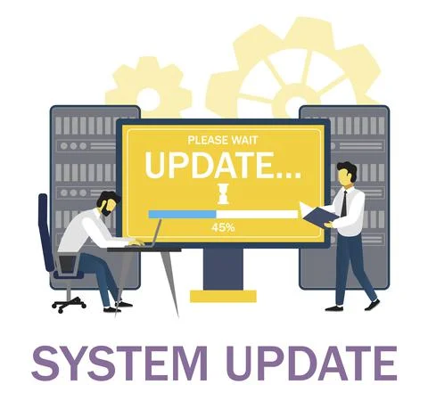 System administrators updating operation system. Software installation, computer Illustrazione stock