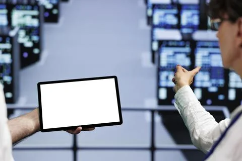 System administrators use mock up tablet Stock Photos