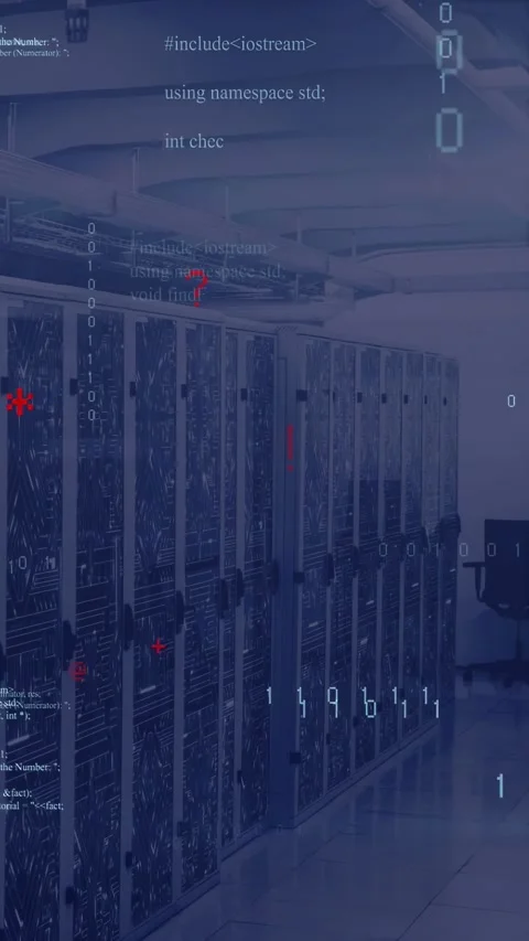 System alert ramping, server racks holding frame, camera panning right, overlays Stock-Footage 332984786