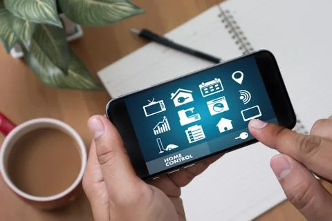 System app Remote home control system on phone Real estate concept Stock Photos