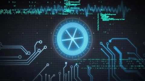 System boot starting, central HUD rotating and pulsing while code streams Stock Footage 328246752