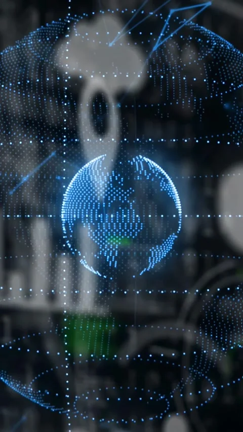 System boot starting holo globe rotating in lab, rings and nodes animating to Stock Footage 332644530
