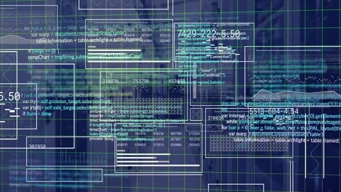 System boot starting HUD UI expanding over blue grid, code flowing, gauge Stock Footage 332577569