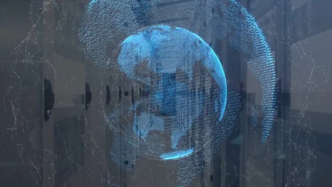 System booting and projecting pointcloud globe in rack corridor, rotating with Stock Footage 332577579