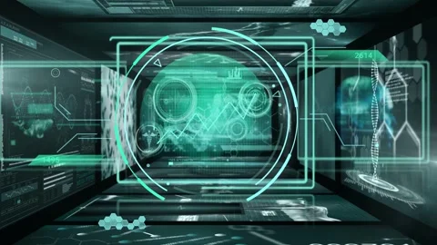 System booting, central HUD rotating rings, panels cycling cells and DNA, Stock Footage 332686061