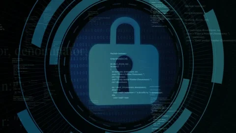 System booting circular HUD forming around padlock, rings aligning over code, 库存影片 332613803