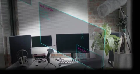 System booting desk serving tech setup while cyan HUD moving across monitors Stock Footage 332274538