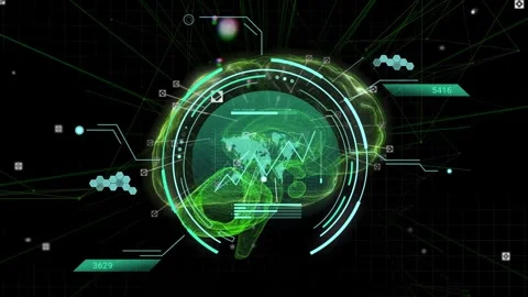 System booting holo HUD rotating rings flowing neural waves peaking graph Stock Footage 334322356