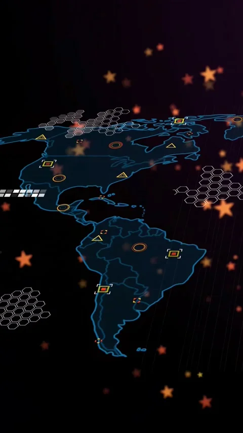 System booting, neon Americas map appearing centered tech layering with hex Stock Footage 330305878